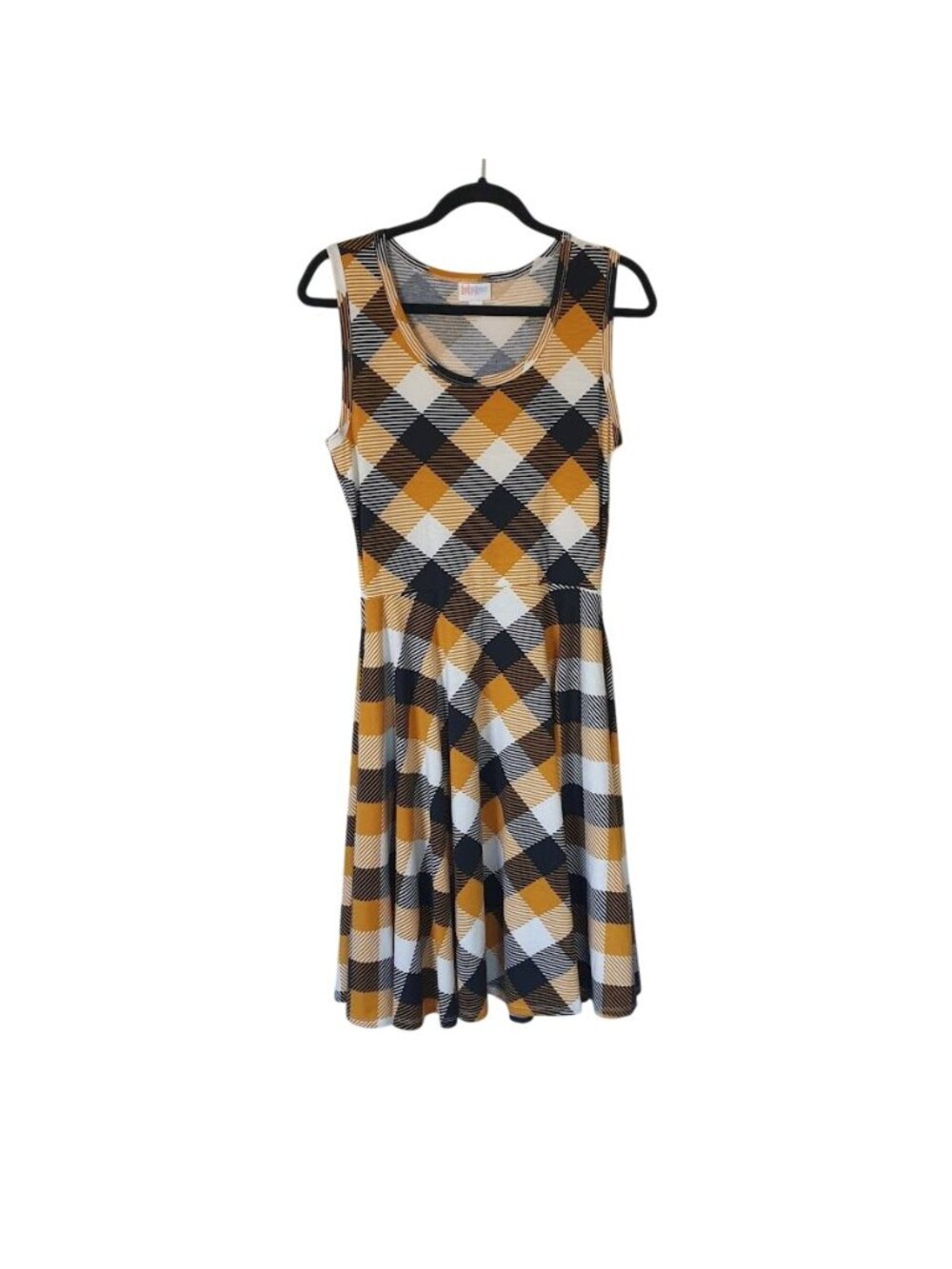 LuLaRoe Nicki A-Line Sleeveless Plaid Dress Yellow Black White Checkered Size M